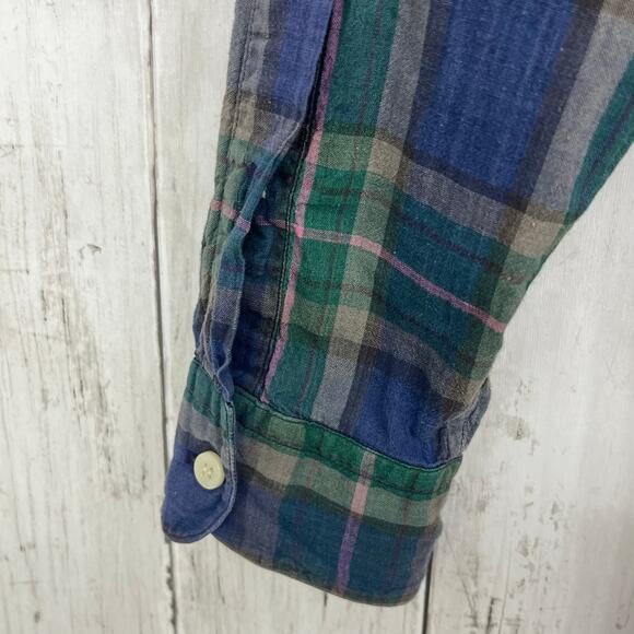 Vintage Single Needle Tailoring Long Sleeve Plaid Thin Button Down Shirt Medium - Picture 3 of 8